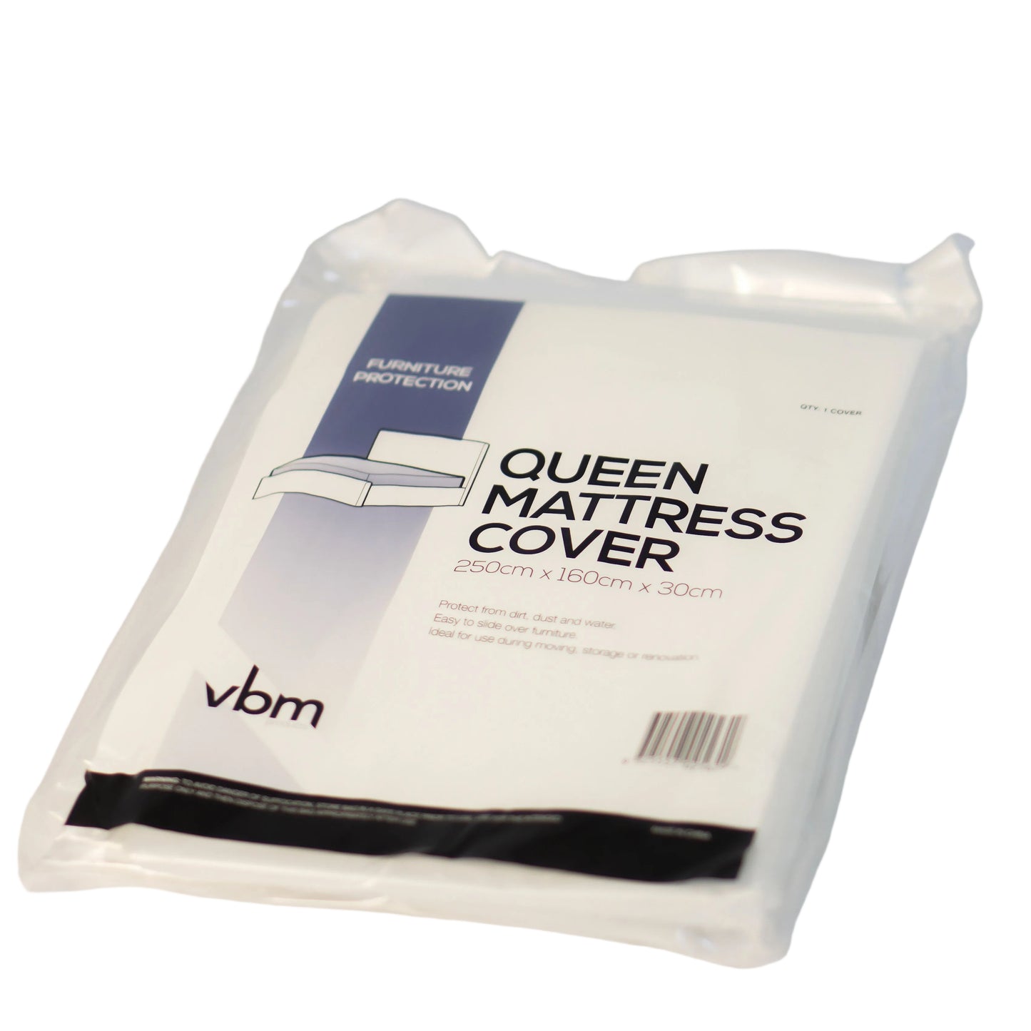 Packaged queen mattress cover with VBM branding on a light gray background